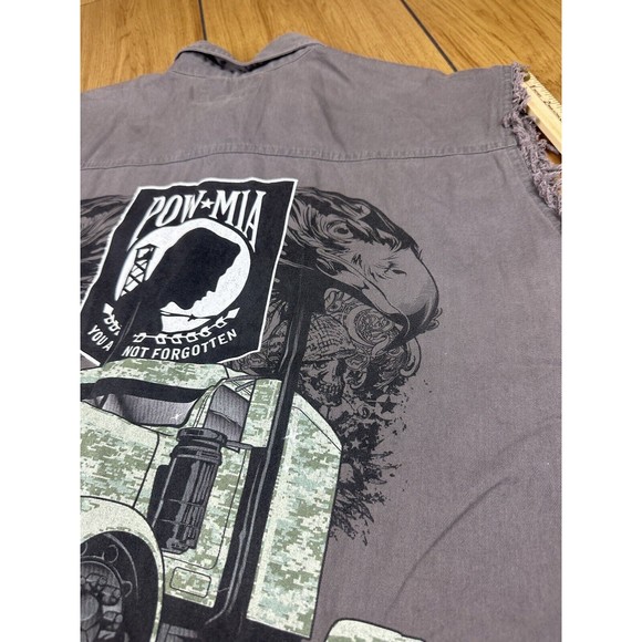 POW MIA Big Rig Truck Mens Shirt L Gray Raw Edges Sleeveless Front Buttons - Picture 10 of 16